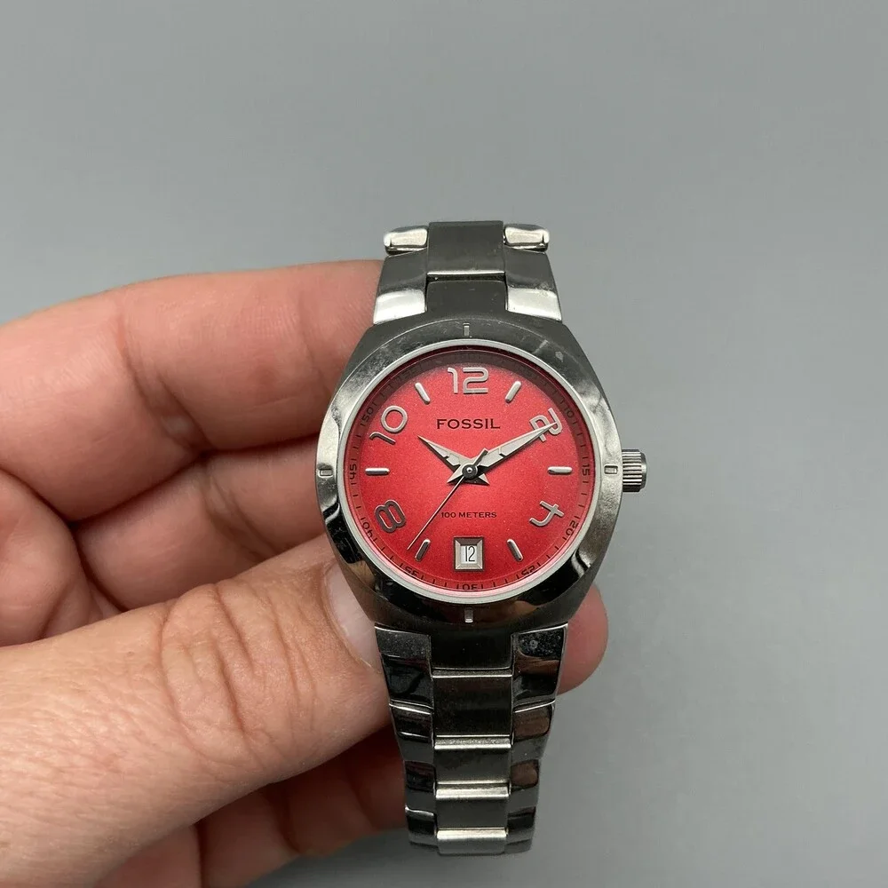 Fossil Blue Womens Watch 28mm Red Dial Stainless Date AM-4100 New Battery 6.75